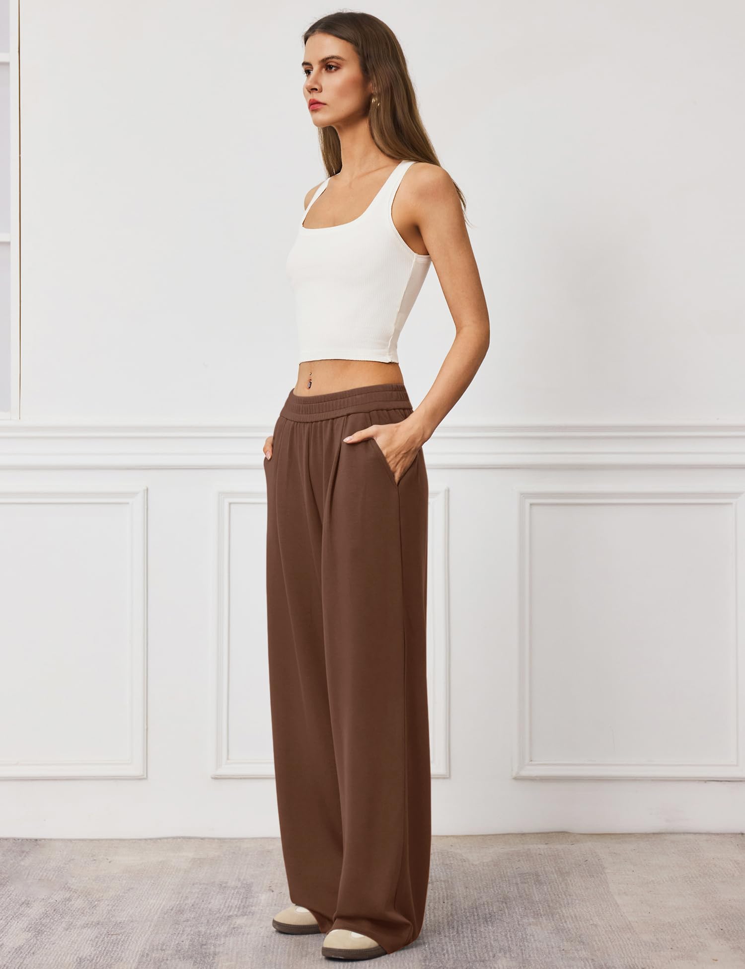 LOMON Womens Wide Leg Pants Travel Casual Lounge High Waist Flowy Palazzo Pants with Pocket Loose Spring Summer Clothing