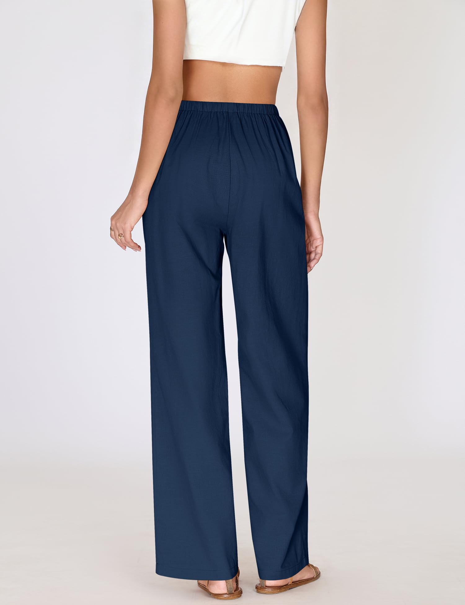 LOMON Womens Linen Pants Summer Wide Leg Cotton Pants Drawstring Elastic Waist Casual Loose Slacks Work Trousers with Pockets