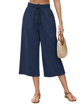 LOMON Women's Linen Capri Pants Wide Leg with Drawstring Elastic Waist Casual Cropped Pant