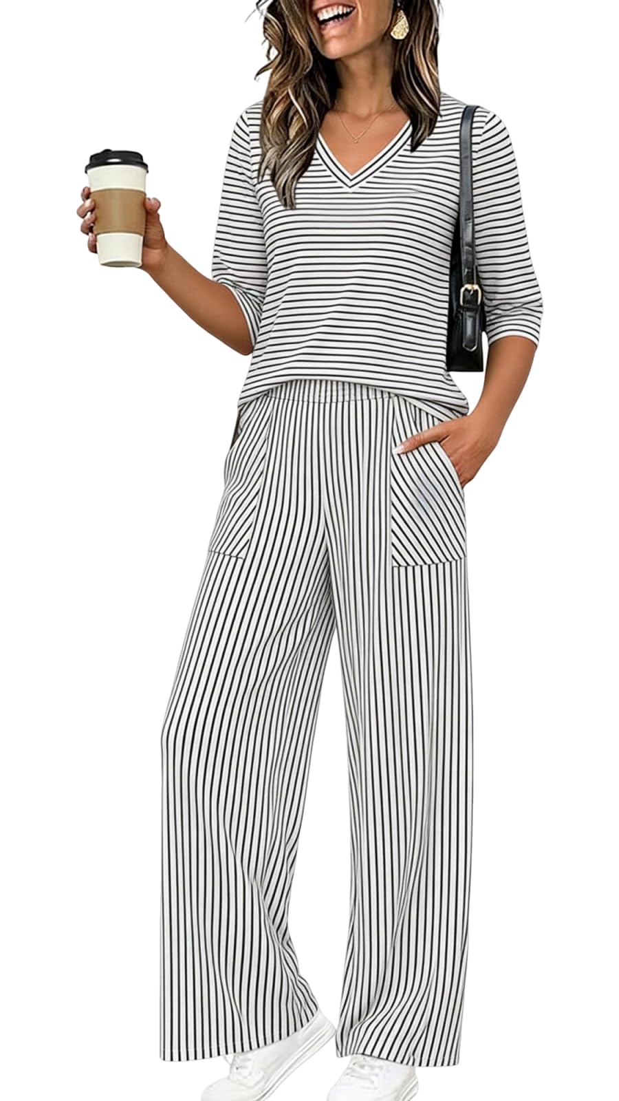LOMON Women's 2 Piece Lounge Pajama Sets Soft 3/4 Sleeve Tops and Wide Leg Pants Loose Casual Outfits with Pockets