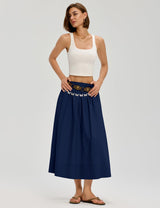 LOMON Midi Skirts for Women A-Line Cotton Flowy Maxi Skirt Boho Summer Beach Casual Elastic Waist Dress Outfit with Pockets