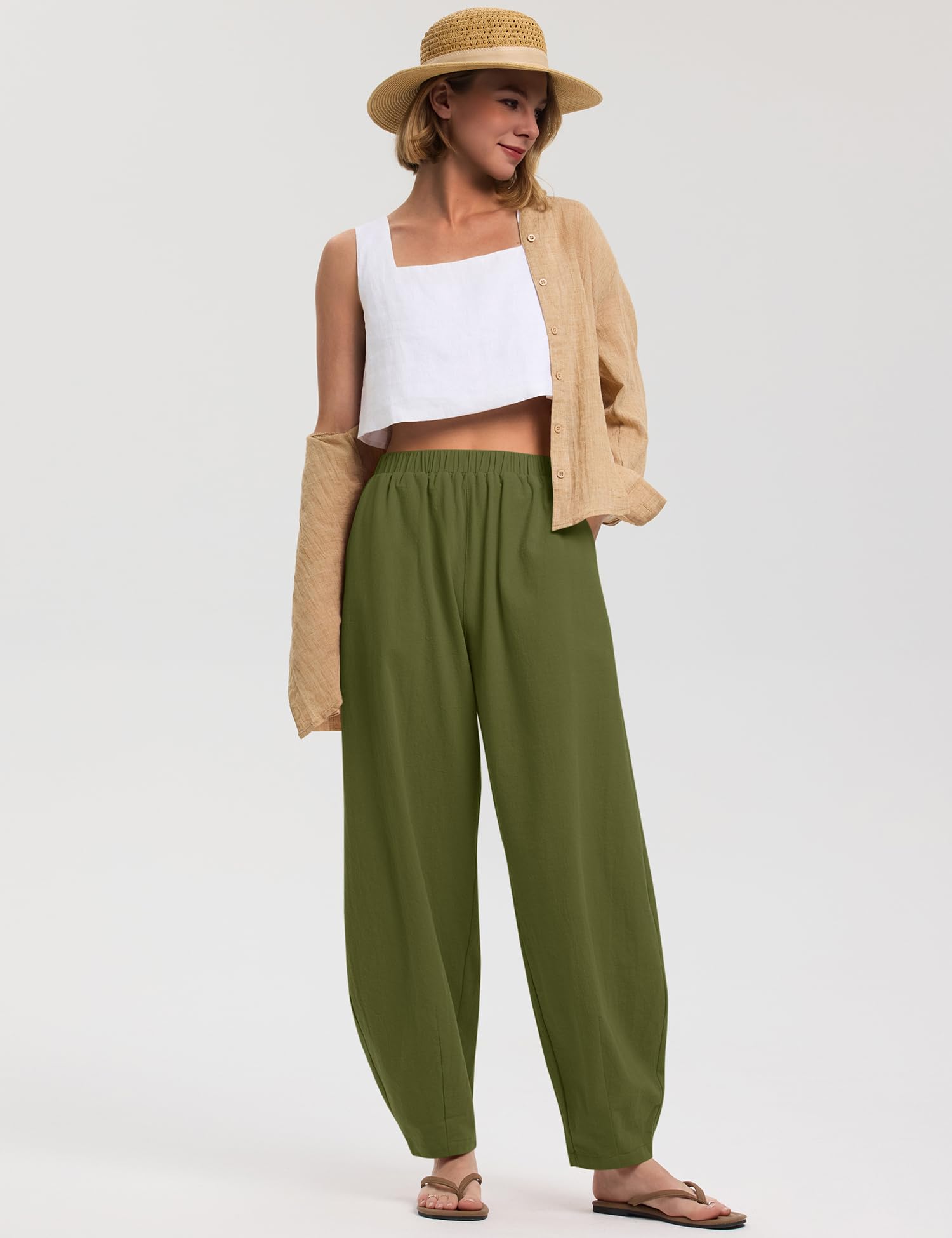 LOMON Linen Barrel Pants Women Wide Leg Palazzo Summer Baggy Harem Pants Boho Casual Trousers with Pockets Beach Vacation