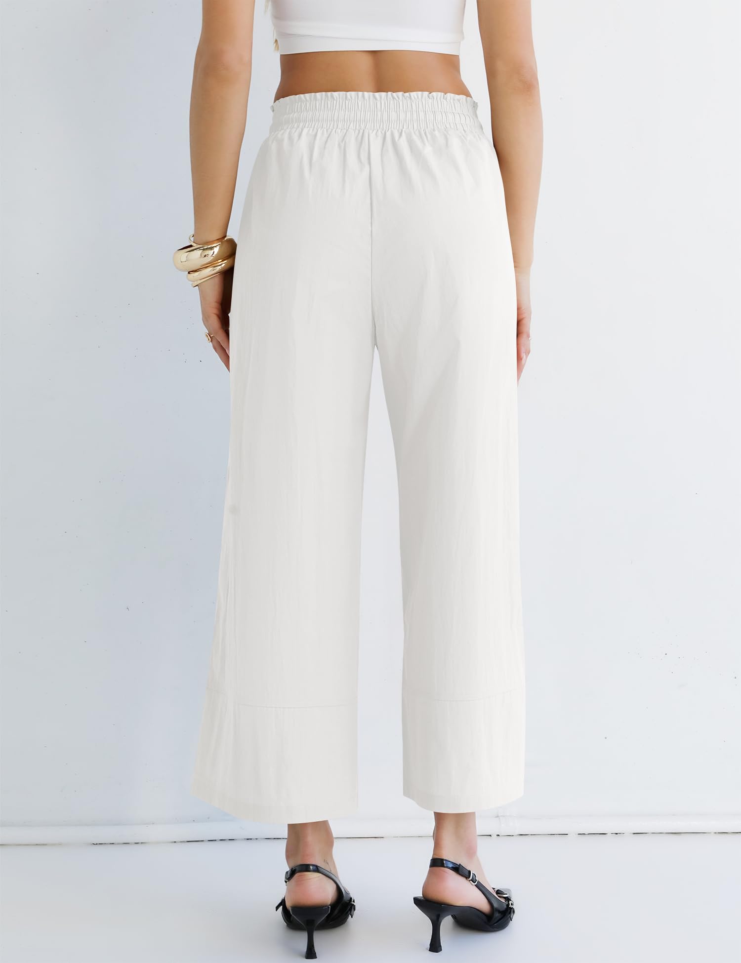 LOMON Women's Casual Wide Leg Pants Drawstring Elastic Waist Flowy Palazzo Pants with Pockets