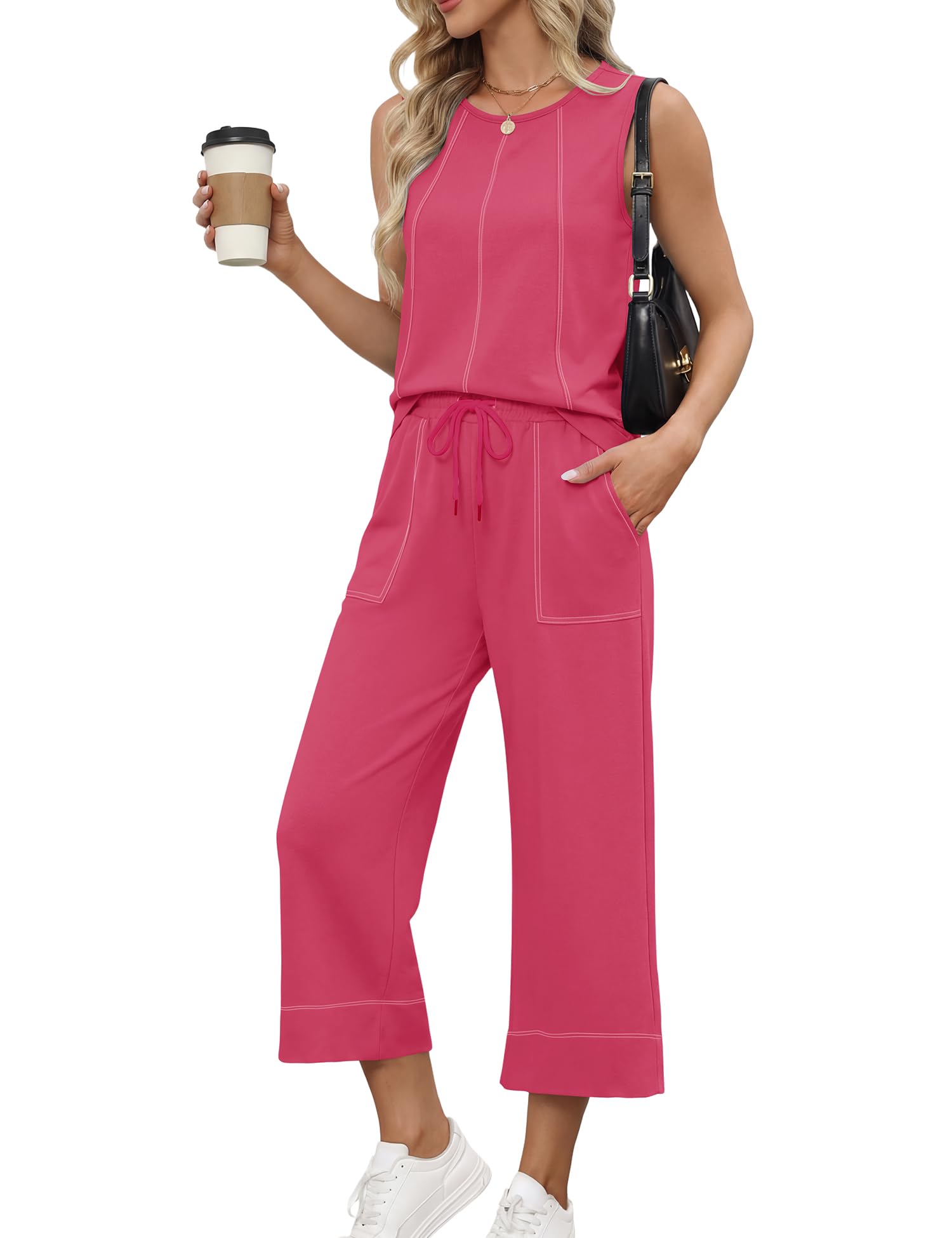 LOMON Two Piece Sets for Women Summer Outfits Sleeveless Tank Tops Wide Leg Crop Pants Matching Lounge Vacation Travel