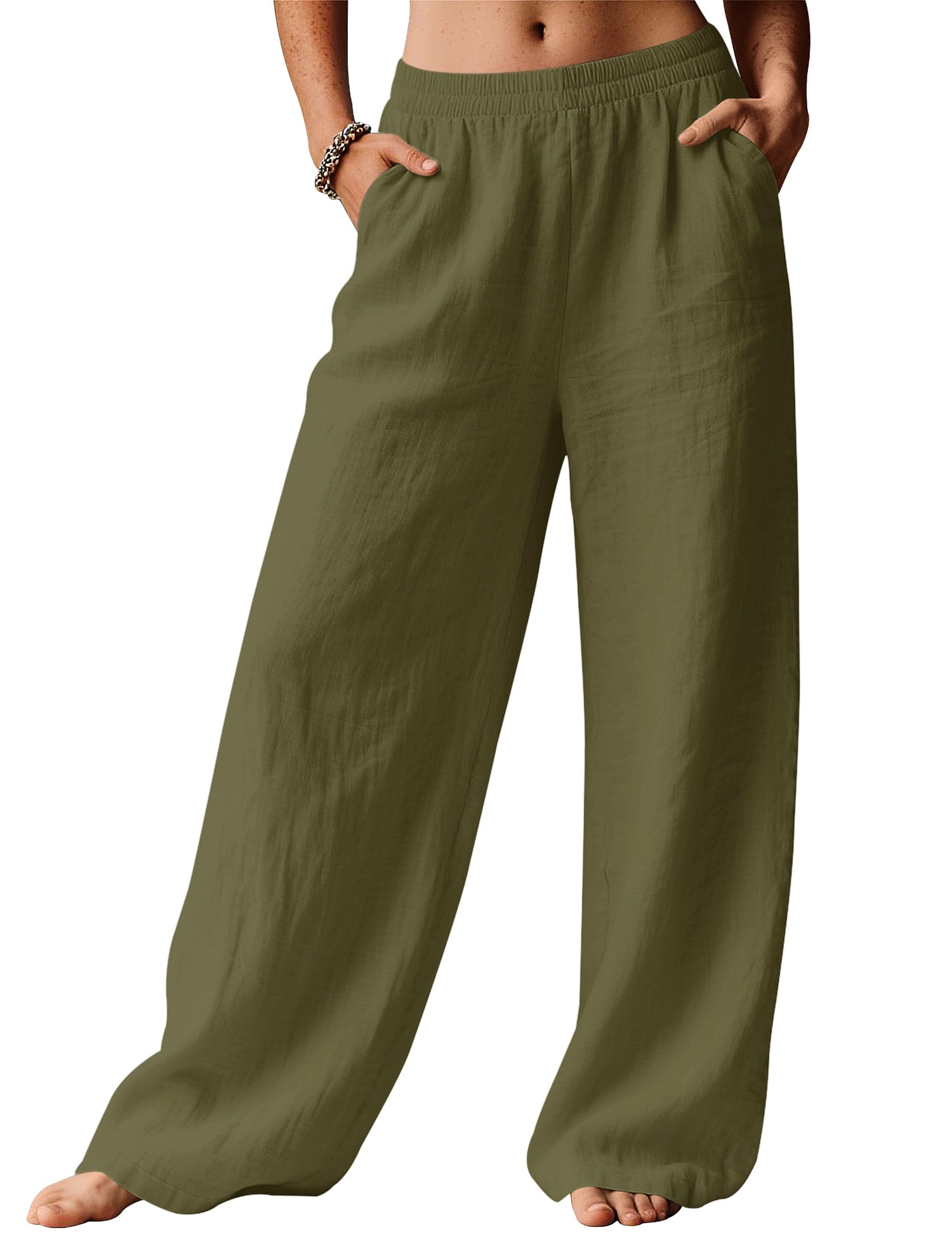 LOMON Linen Pants Women Wide Leg Palazzo Summer Flowy Pants Beach Vacation Clothes Elastic Waist Travel Trousers with Pockets
