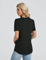 LOMON Womens Tops Dressy Casual V Neck Short Sleeve Shirts Summer Pleated Blouses Button Down Tunic Loose Fit