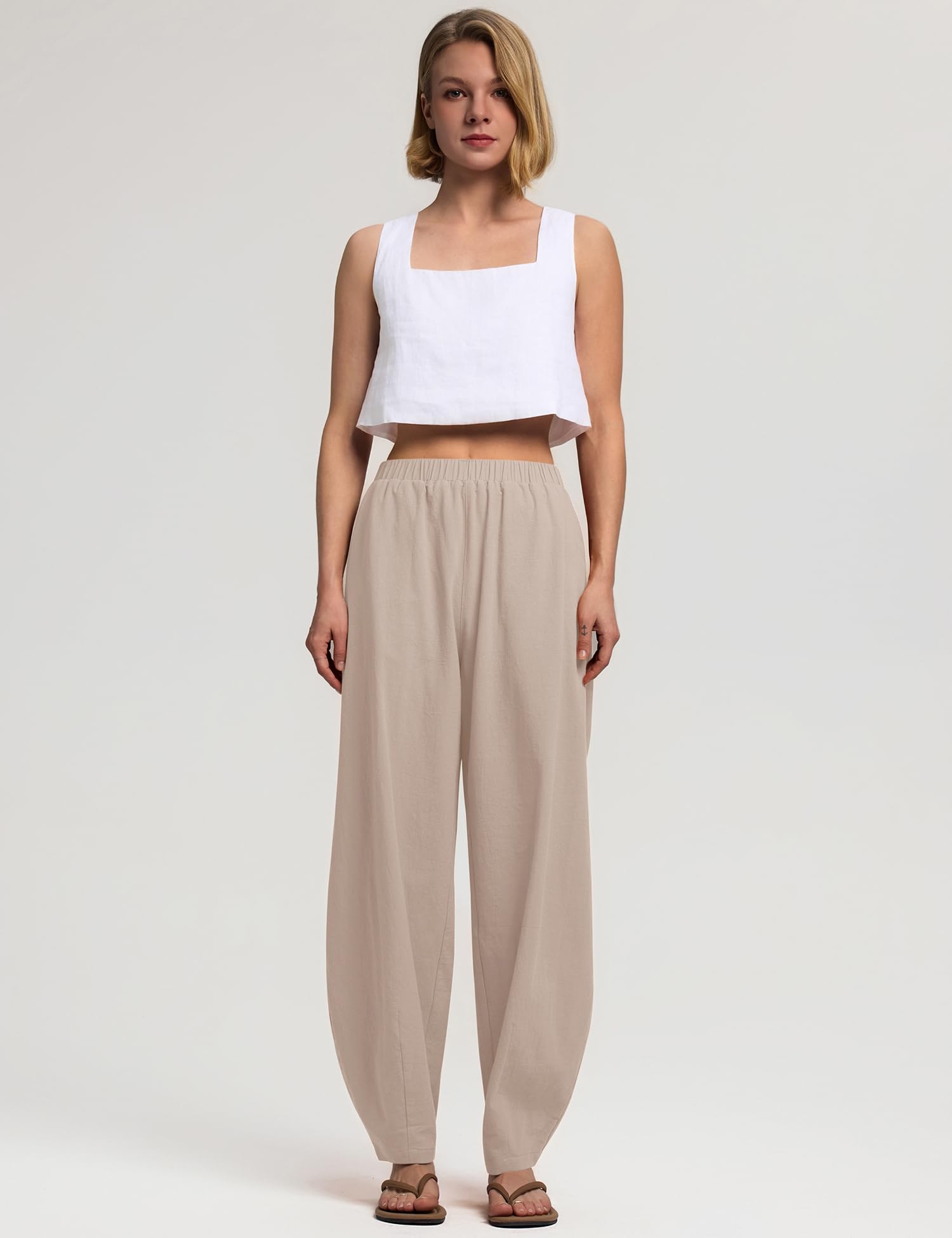 LOMON Linen Barrel Pants Women Wide Leg Palazzo Summer Baggy Harem Pants Boho Casual Trousers with Pockets Beach Vacation