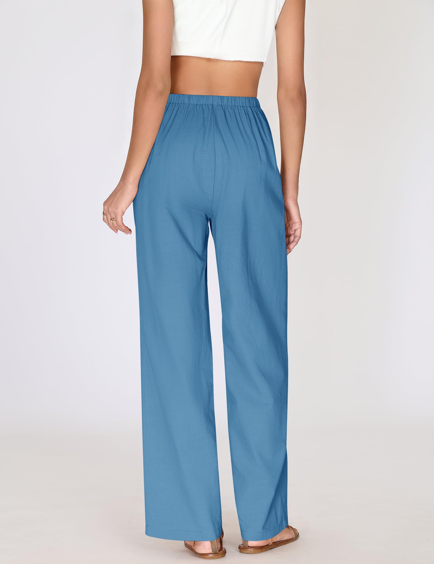 LOMON Womens Linen Pants Summer Wide Leg Cotton Pants Drawstring Elastic Waist Casual Loose Slacks Work Trousers with Pockets