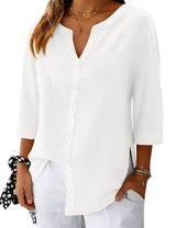 LOMON 3/4 Length Sleeve Womens Tops V Neck 3/4 Sleeve Sides Slit Button Down Shirts Cotton Linen Casual Loose Blouses