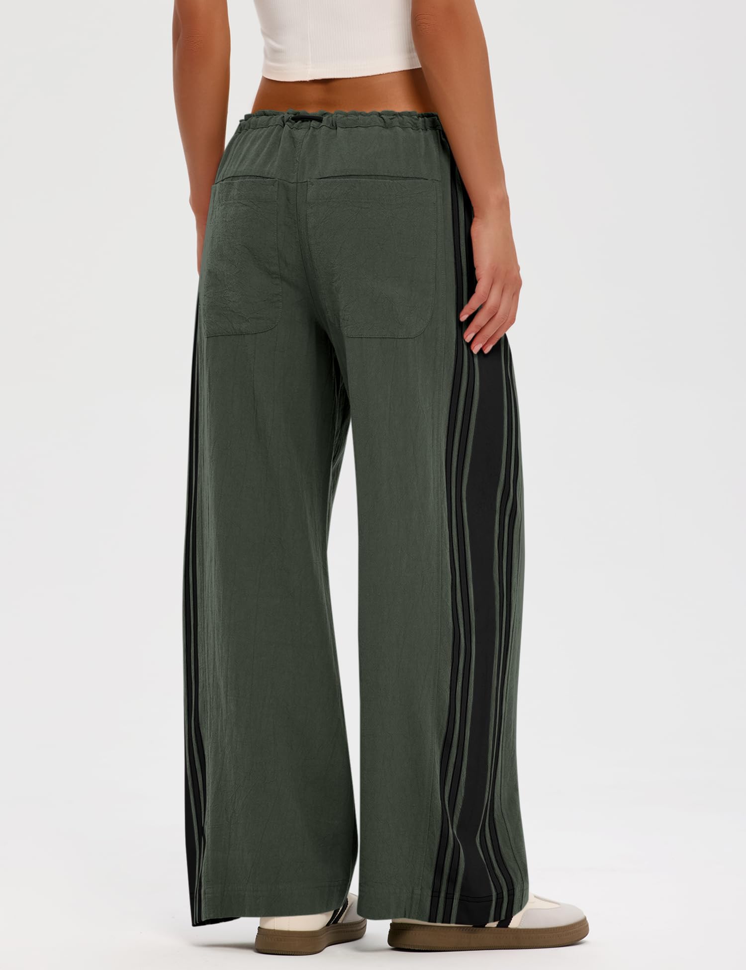 LOMON Pants for Women Wide Leg Side Striped Pants Drawstring Baggy Palazzo Work Trousers with Pockets