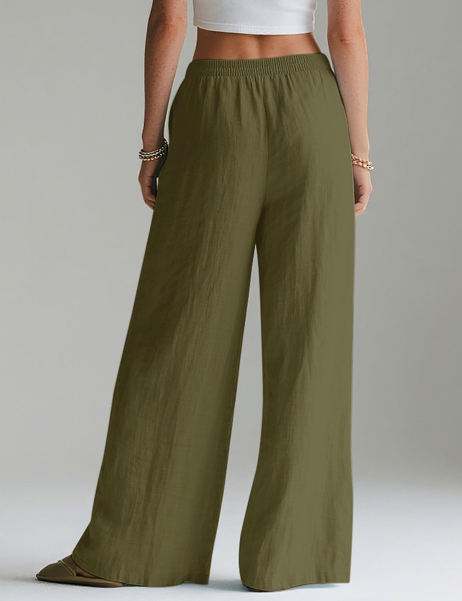 LOMON Linen Pants Women Wide Leg Palazzo Summer Flowy Pants Beach Vacation Clothes Elastic Waist Travel Trousers with Pockets