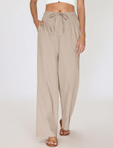 LOMON Womens Linen Pants Summer Wide Leg Cotton Pants Drawstring Elastic Waist Casual Loose Slacks Work Trousers with Pockets