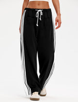 LOMON Pants for Women Wide Leg Side Striped Pants Drawstring Baggy Palazzo Work Trousers with Pockets