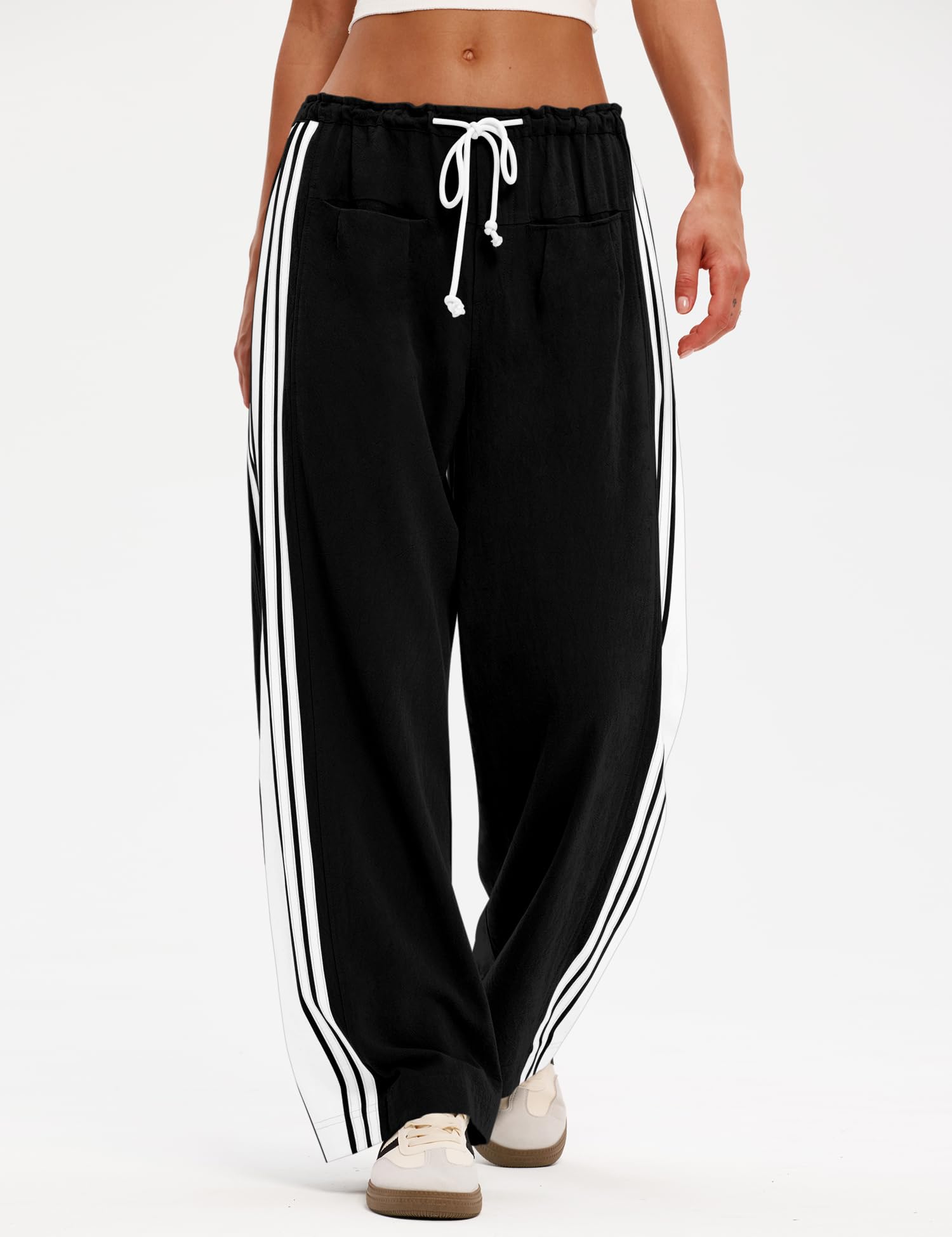LOMON Pants for Women Wide Leg Side Striped Pants Drawstring Baggy Palazzo Work Trousers with Pockets