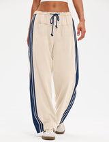 LOMON Pants for Women Wide Leg Side Striped Pants Drawstring Baggy Palazzo Work Trousers with Pockets