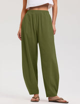 LOMON Linen Barrel Pants Women Wide Leg Palazzo Summer Baggy Harem Pants Boho Casual Trousers with Pockets Beach Vacation