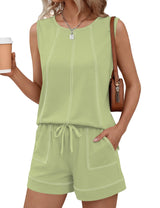 LOMON Womens Two Piece Short Sets Summer Round Neck Sleeveless Tank Tops Drawstring Elastic Waist Shorts with Pockets