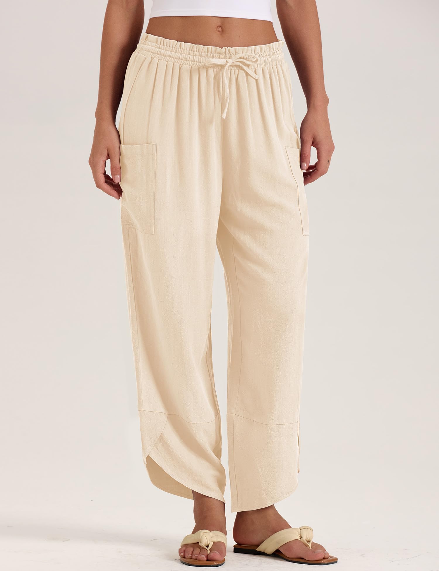 LOMON Women Linen Palazzo Pants Boho Wide Leg Elastic Waisted Casual Capri Pant Summer Harem Lounge with Pockets