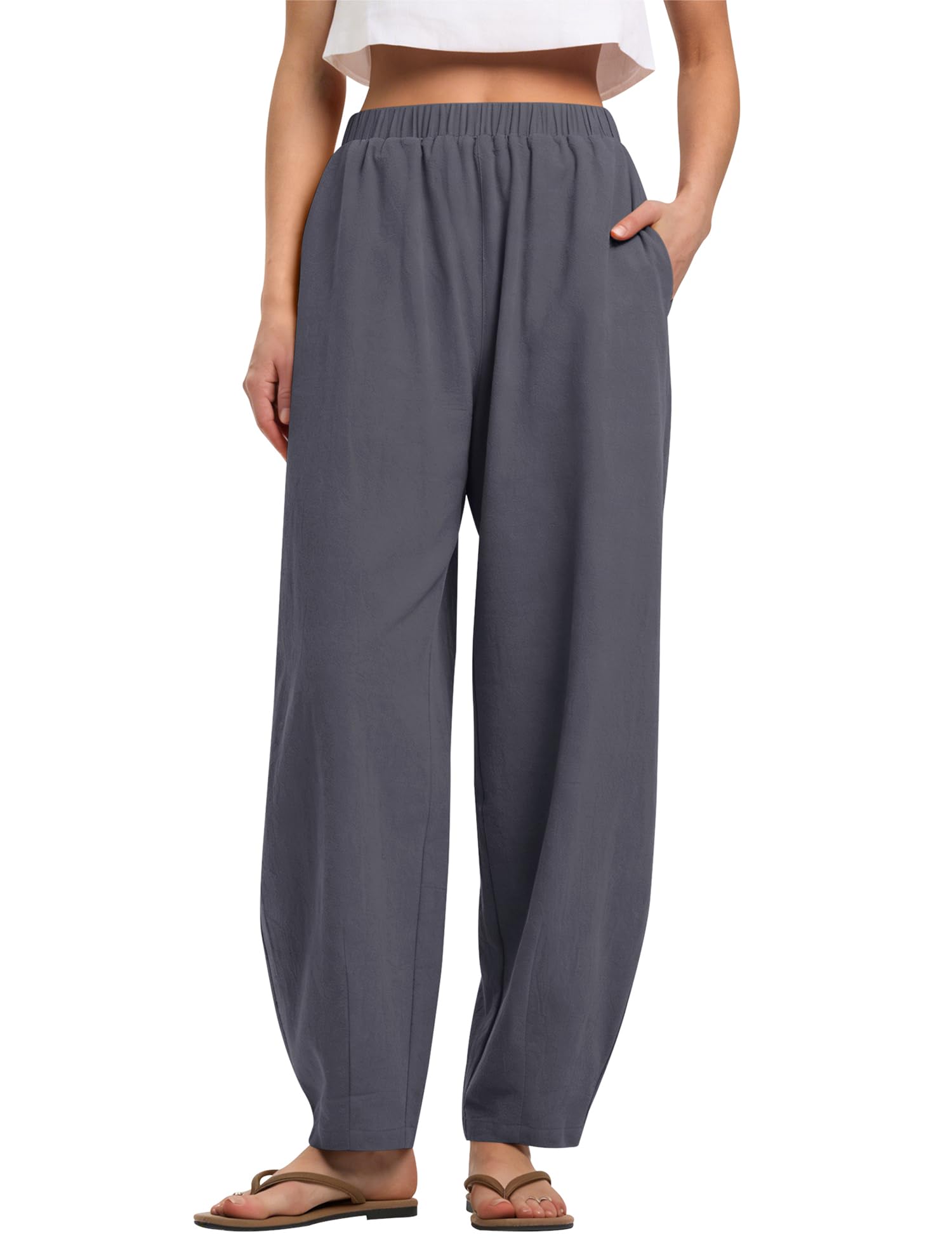 LOMON Linen Barrel Pants Women Wide Leg Palazzo Summer Baggy Harem Pants Boho Casual Trousers with Pockets Beach Vacation