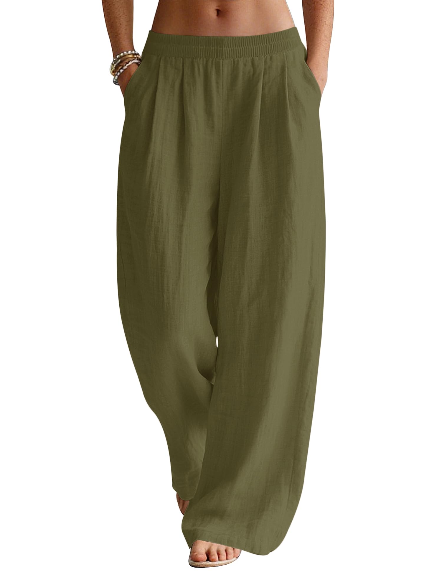 LOMON Linen Pants Women Wide Leg Palazzo Summer Flowy Pants Beach Vacation Clothes Elastic Waist Travel Trousers with Pockets
