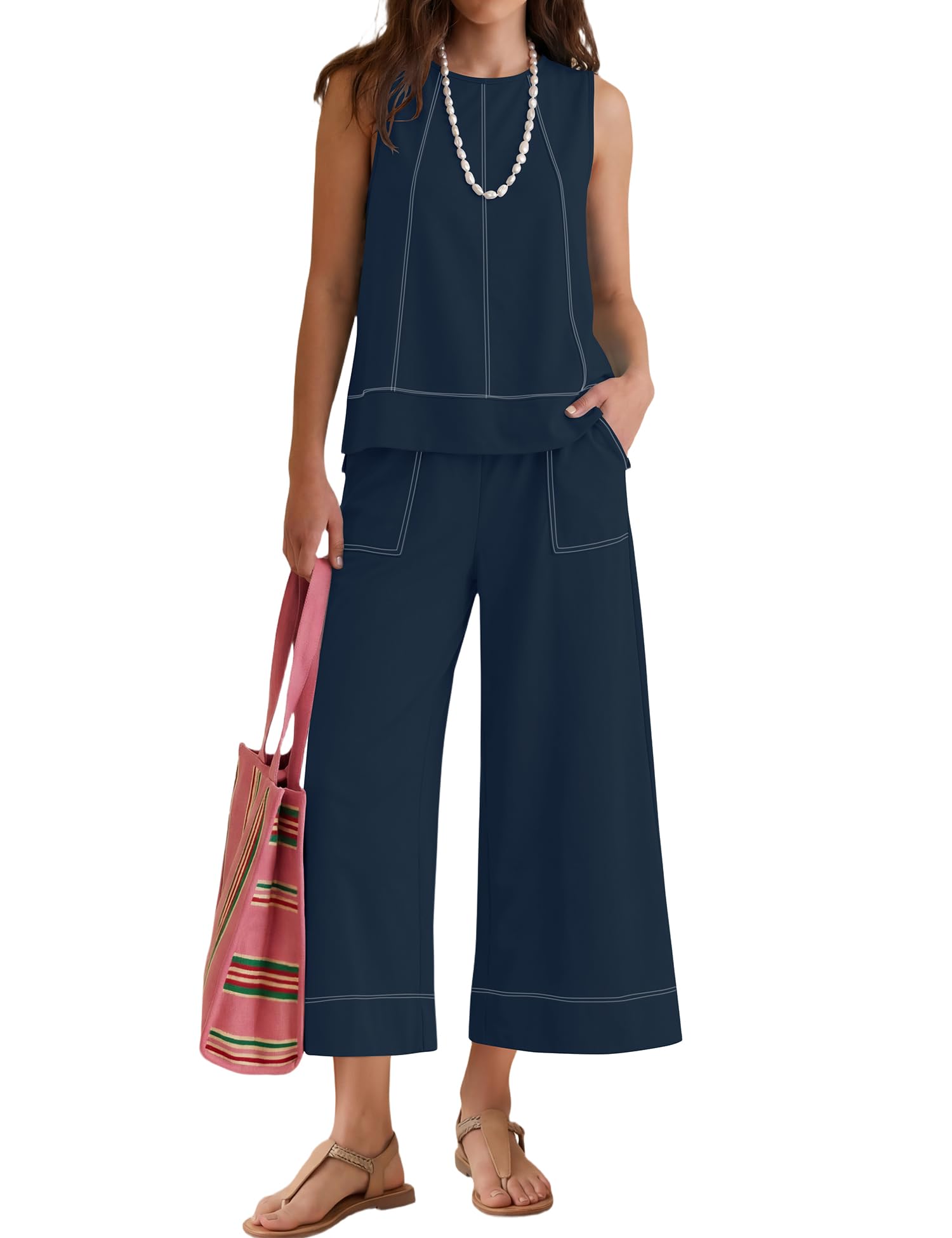 LOMON Two Piece Sets for Women Summer Outfits Sleeveless Tank Tops Wide Leg Crop Pants Matching Lounge Vacation Travel