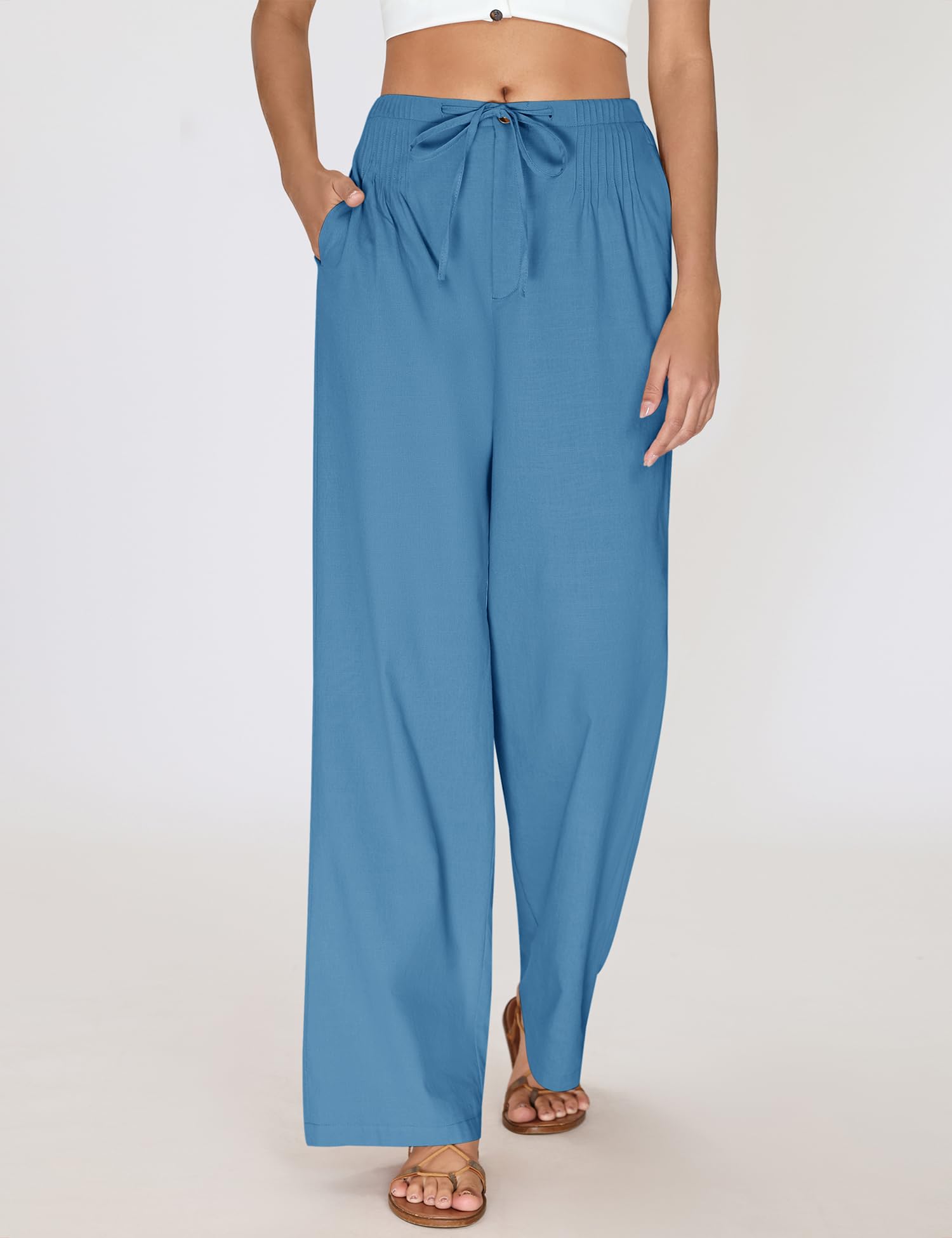 LOMON Womens Linen Pants Summer Wide Leg Cotton Pants Drawstring Elastic Waist Casual Loose Slacks Work Trousers with Pockets