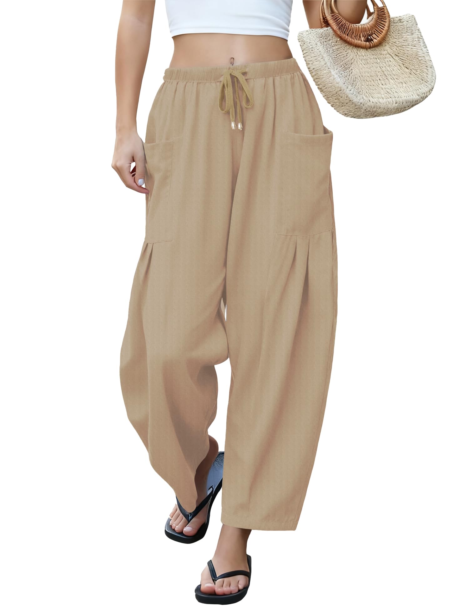 LOMON Womens Wide Leg Linen Pants Casual Drawstring Palazzo Harem Pants Summer Loose Beach Travel Vacation Pants with Pockets