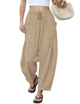 LOMON Womens Wide Leg Linen Pants Casual Drawstring Palazzo Harem Pants Summer Loose Beach Travel Vacation Pants with Pockets