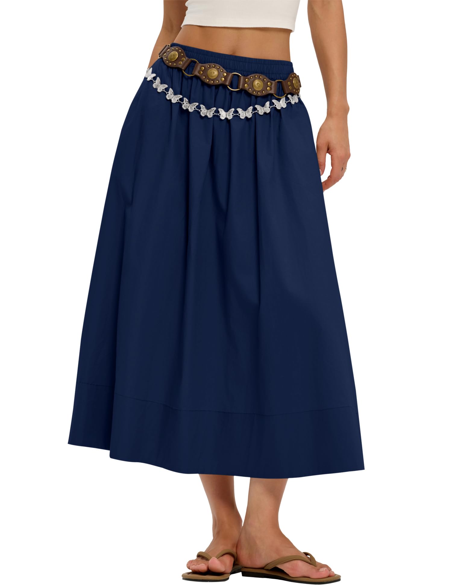 LOMON Midi Skirts for Women A-Line Cotton Flowy Maxi Skirt Boho Summer Beach Casual Elastic Waist Dress Outfit with Pockets