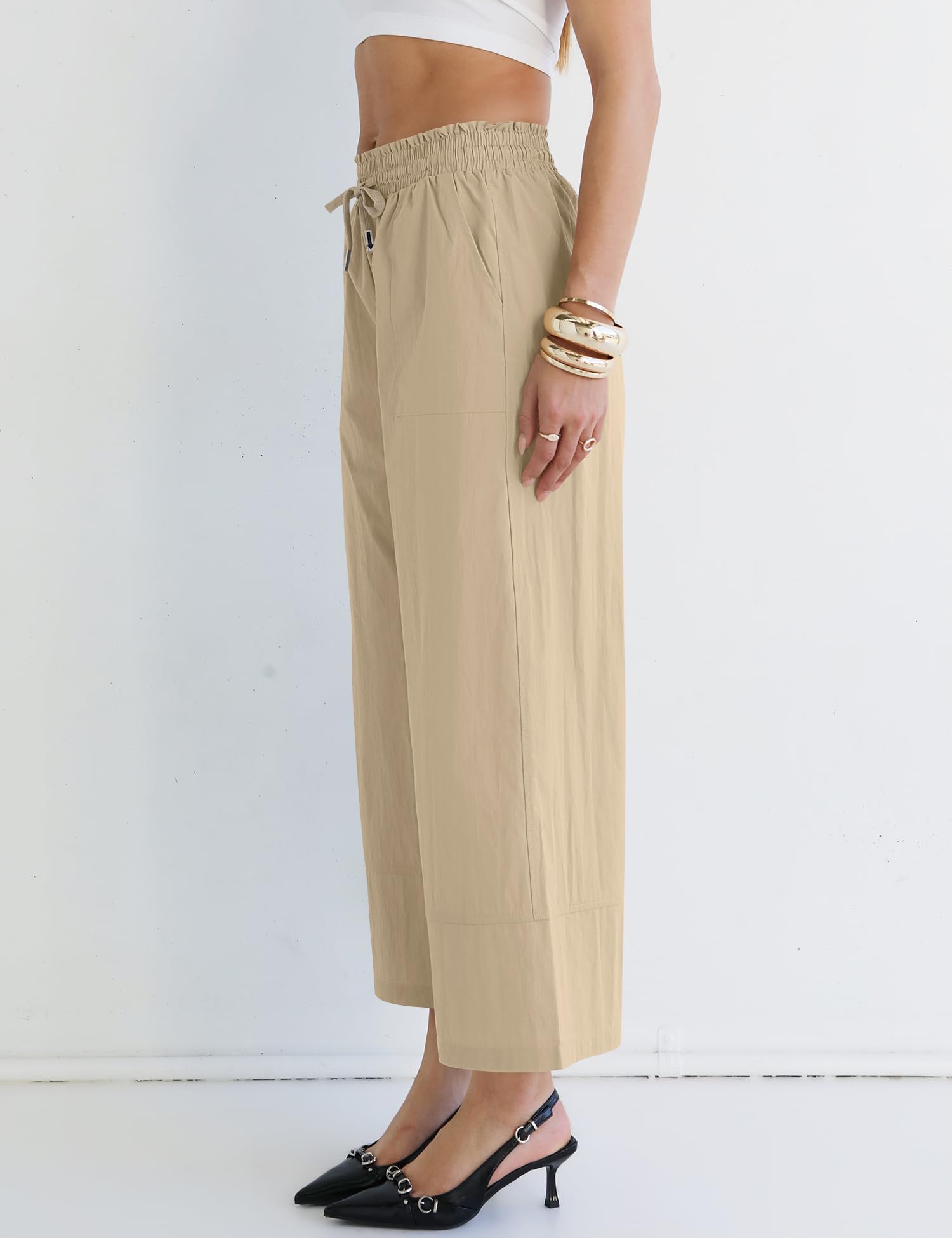 LOMON Women's Casual Wide Leg Pants Drawstring Elastic Waist Flowy Palazzo Pants with Pockets
