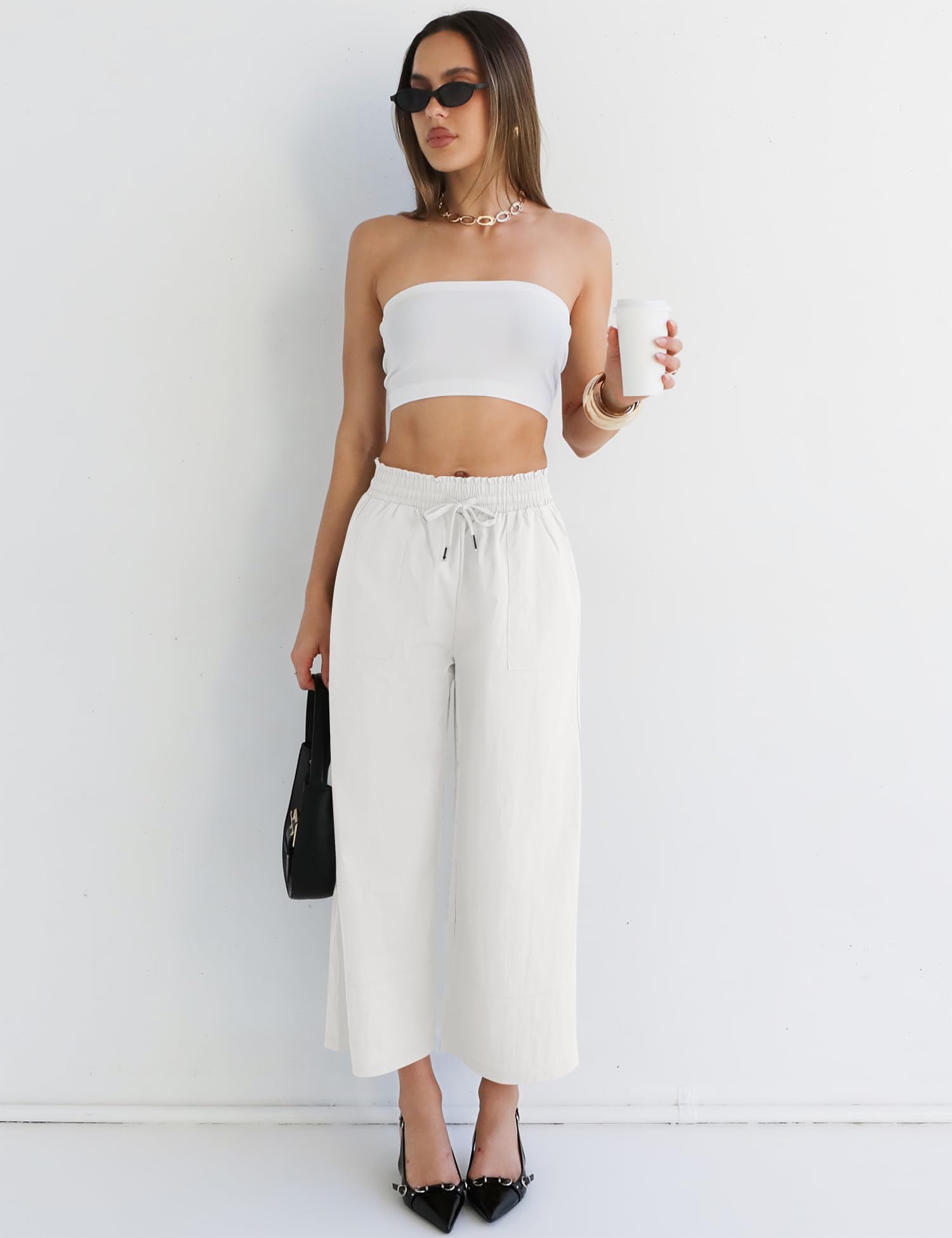LOMON Women's Casual Wide Leg Pants Drawstring Elastic Waist Flowy Palazzo Pants with Pockets