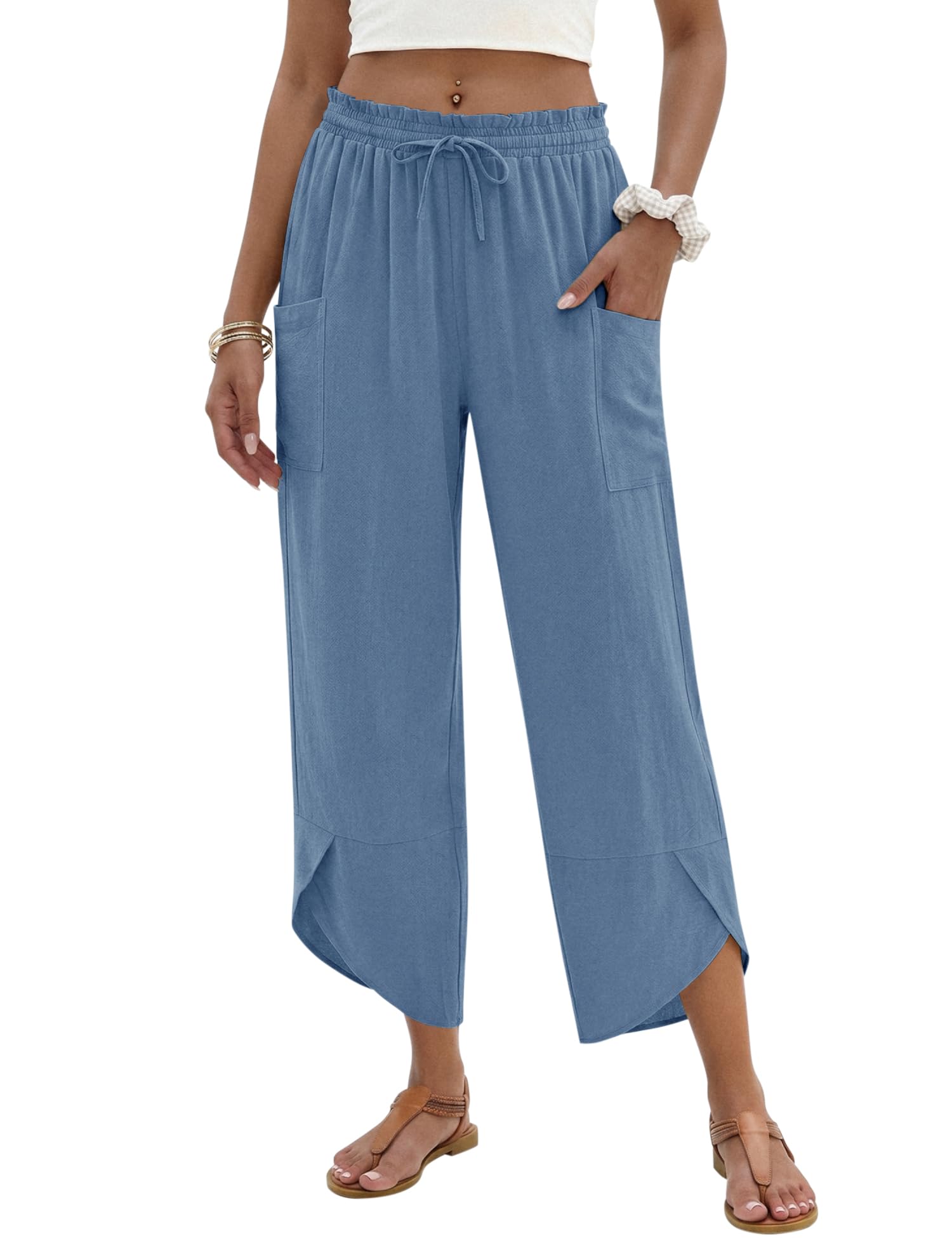 LOMON Women Linen Palazzo Pants Boho Wide Leg Elastic Waisted Casual Capri Pant Summer Harem Lounge with Pockets