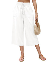 LOMON Women's Linen Capri Pants Wide Leg with Drawstring Elastic Waist Casual Cropped Pant