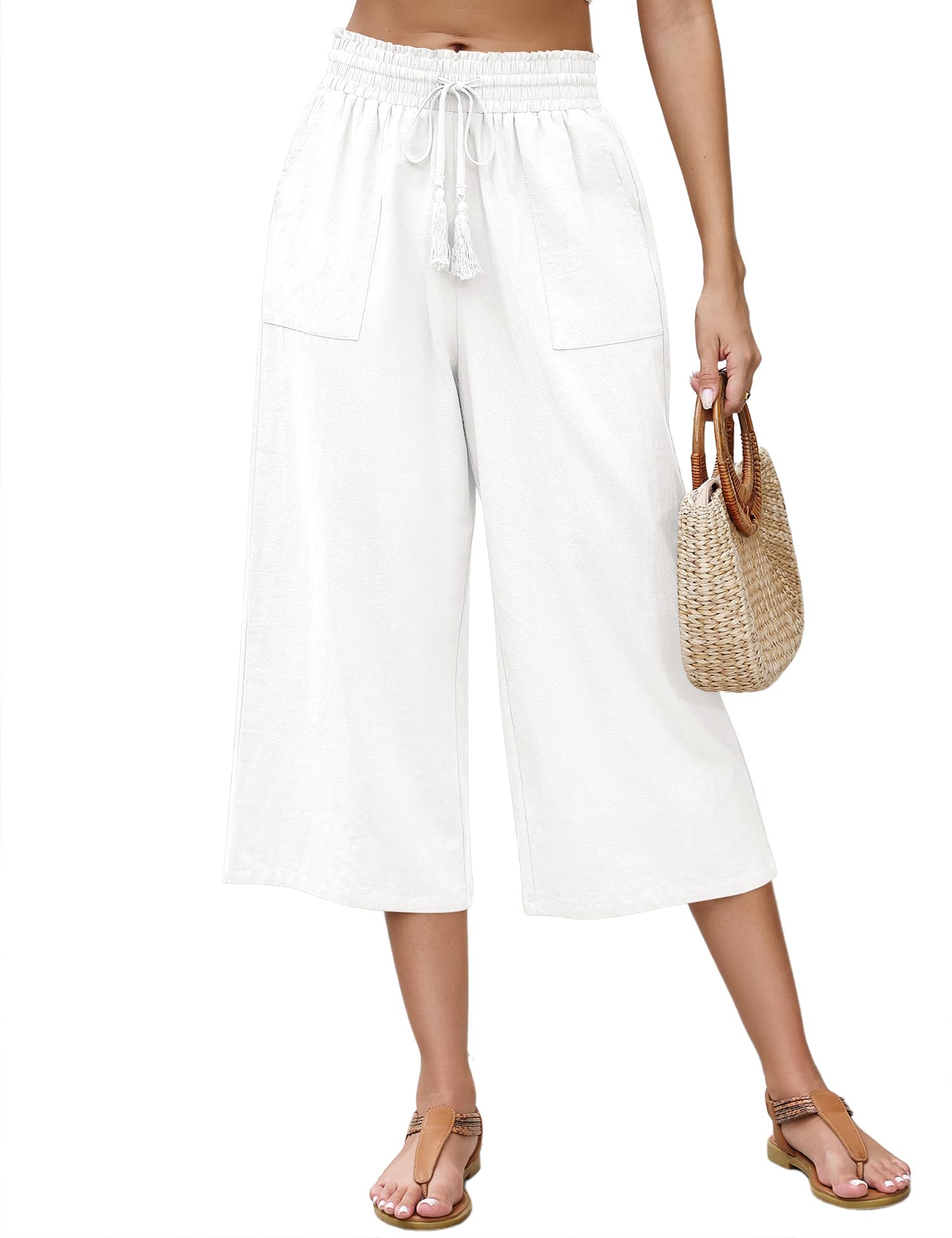 LOMON Women's Linen Capri Pants Wide Leg with Drawstring Elastic Waist Casual Cropped Pant
