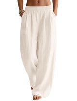 LOMON Linen Pants Women Wide Leg Palazzo Summer Flowy Pants Beach Vacation Clothes Elastic Waist Travel Trousers with Pockets