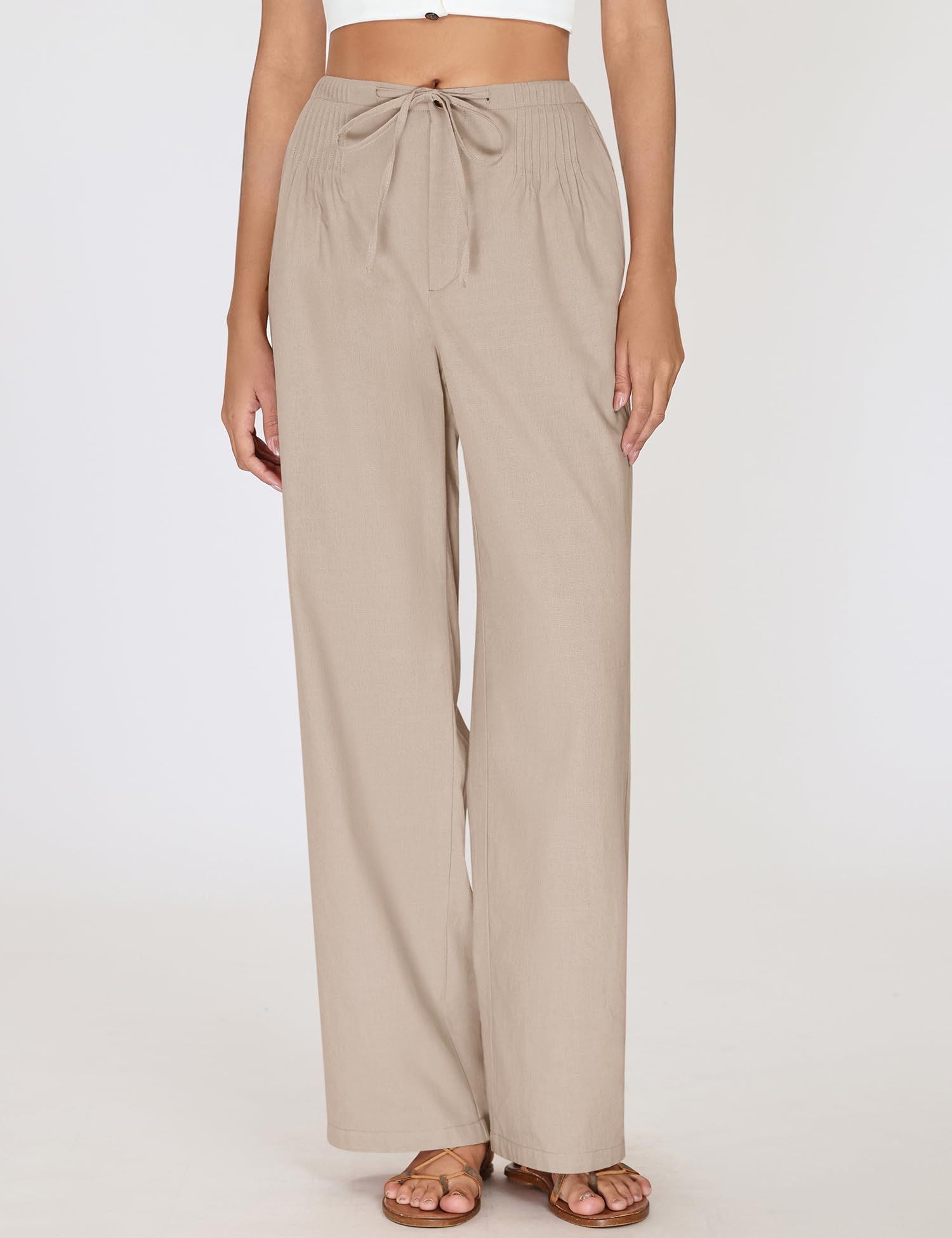 LOMON Womens Linen Pants Summer Wide Leg Cotton Pants Drawstring Elastic Waist Casual Loose Slacks Work Trousers with Pockets