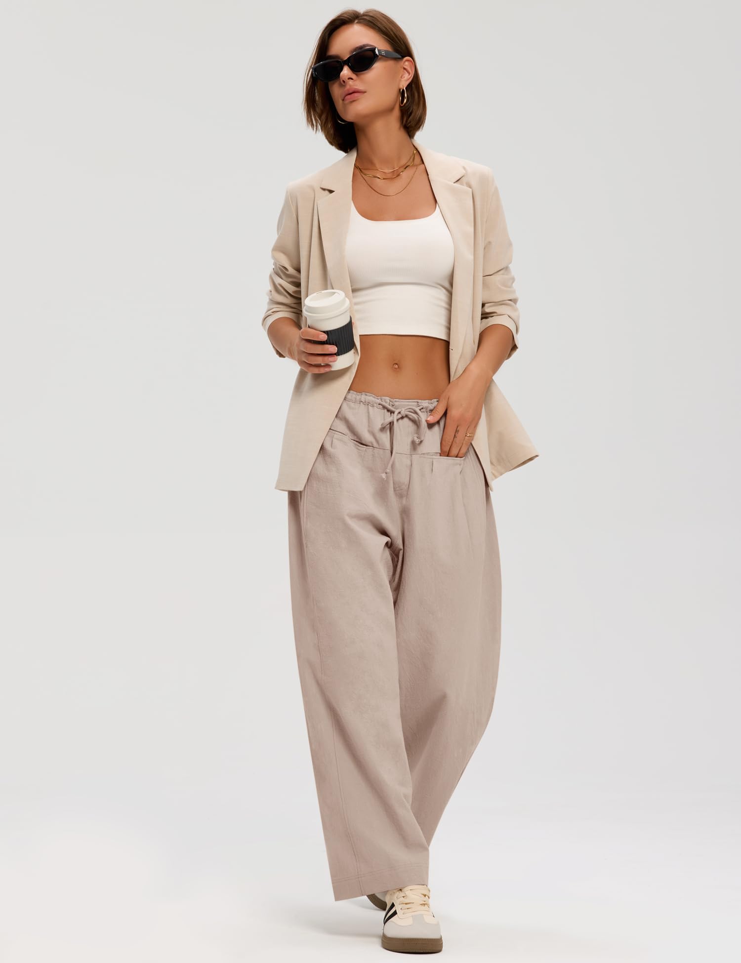 LOMON Pants for Women Wide Leg Side Striped Pants Drawstring Baggy Palazzo Work Trousers with Pockets