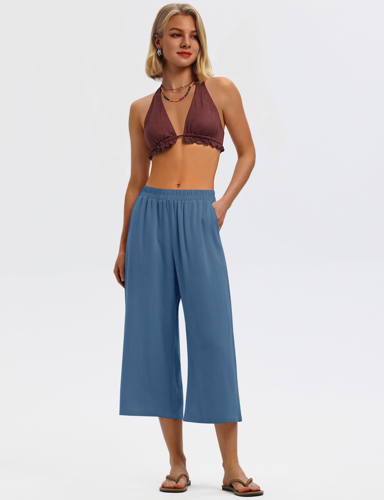 LOMON Women's Wide Leg Capri Pants Cropped Palazzo Summer Beach Vacation Casual Pants with Pockets