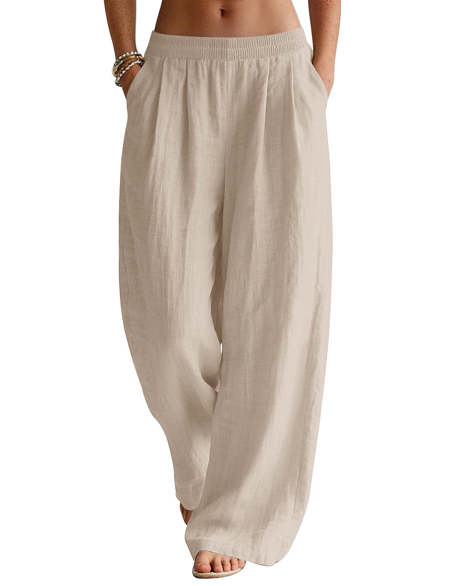 LOMON Linen Pants Women Wide Leg Palazzo Summer Flowy Pants Beach Vacation Clothes Elastic Waist Travel Trousers with Pockets
