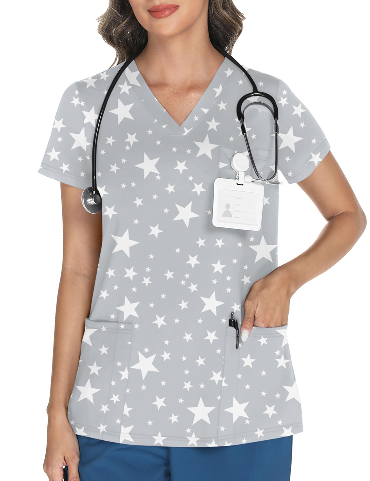 LOMON Women's V Neck Printed Scrub Top with 3 Pockets