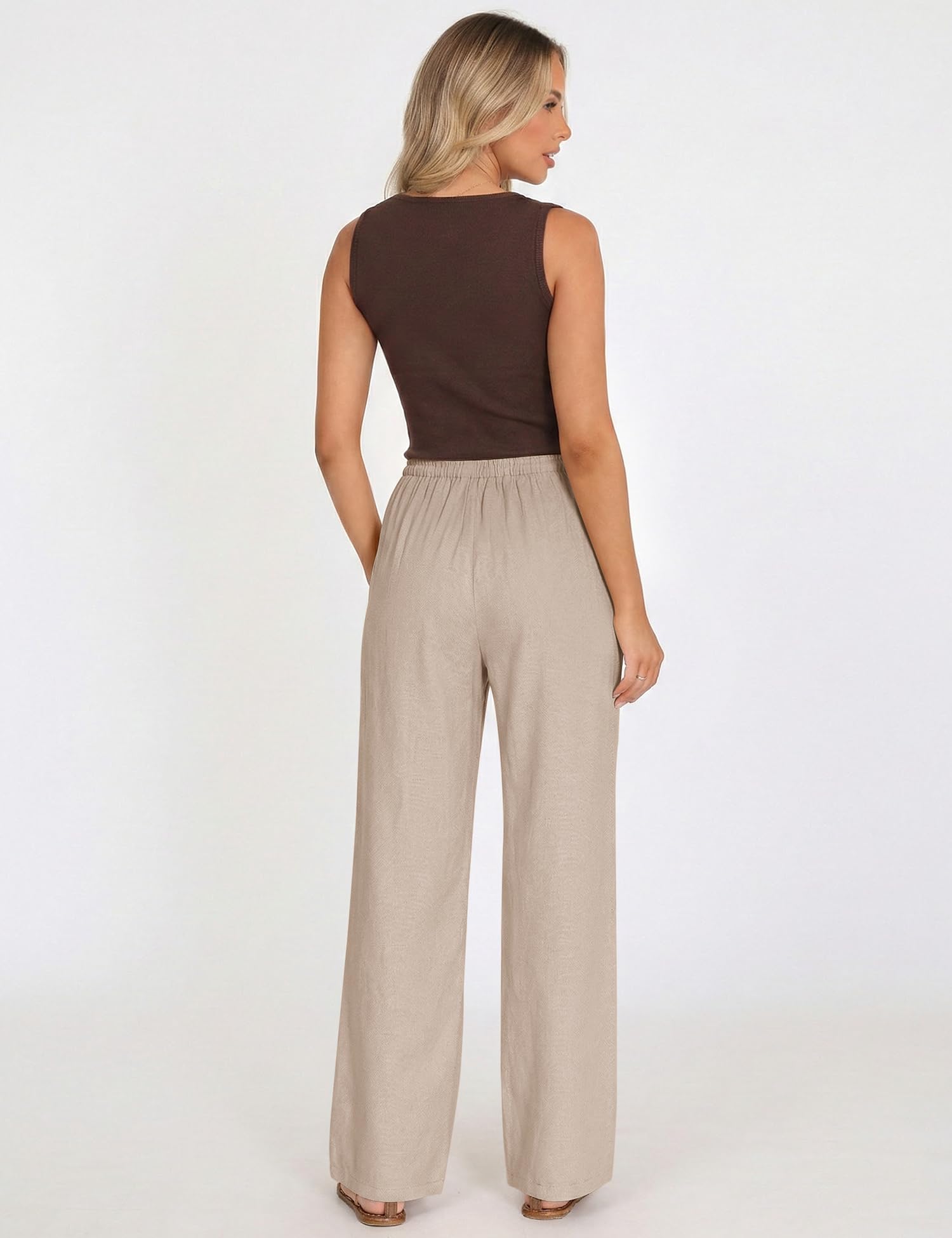 LOMON Womens Linen Pants Summer Wide Leg Cotton Pants Drawstring Elastic Waist Casual Loose Slacks Work Trousers with Pockets