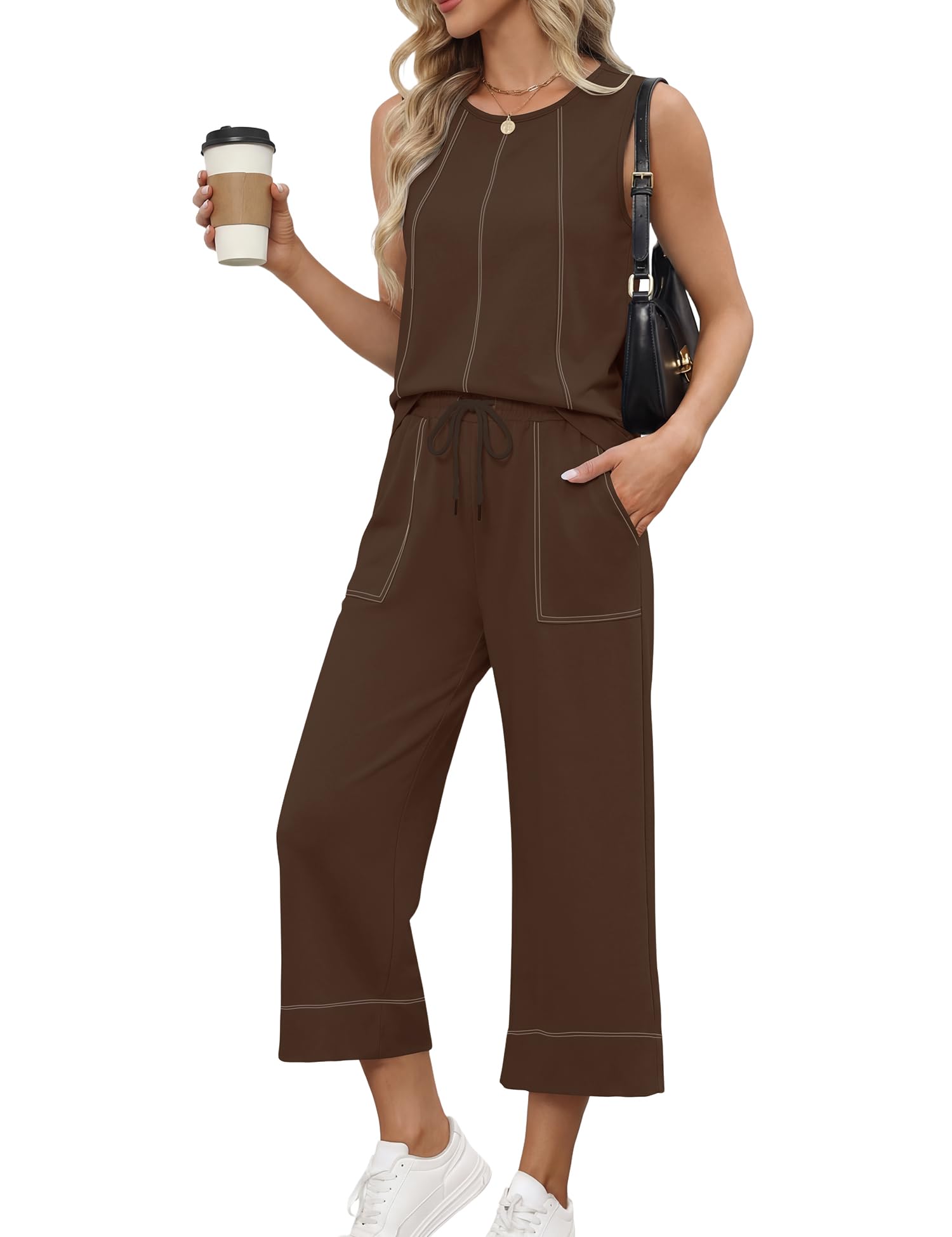 LOMON Two Piece Sets for Women Summer Outfits Sleeveless Tank Tops Wide Leg Crop Pants Matching Lounge Vacation Travel