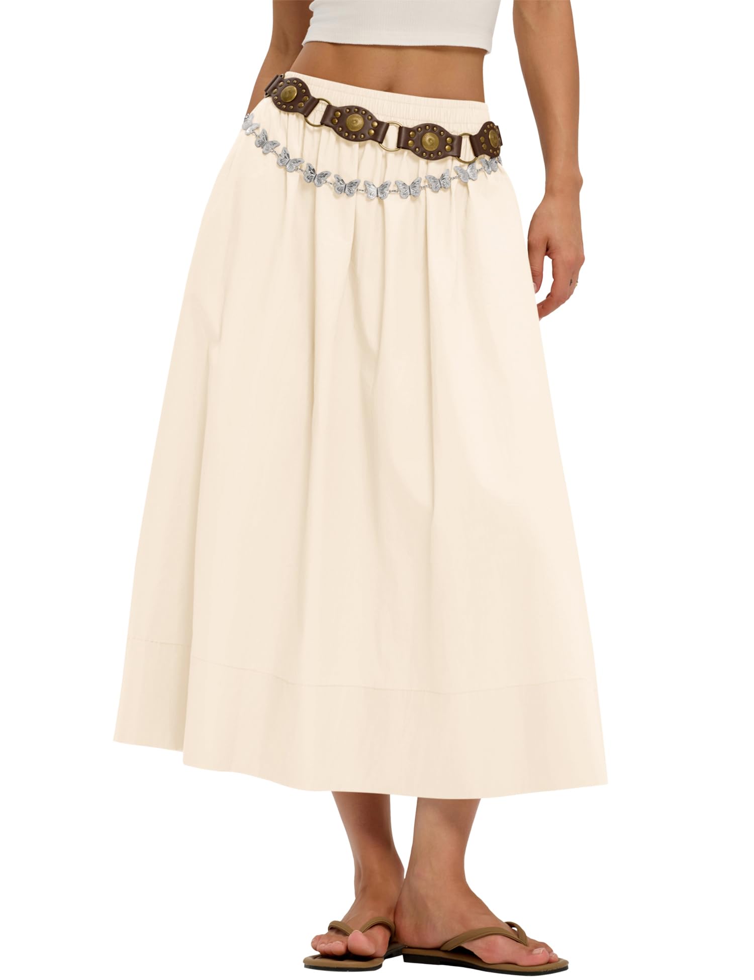 LOMON Midi Skirts for Women A-Line Cotton Flowy Maxi Skirt Boho Summer Beach Casual Elastic Waist Dress Outfit with Pockets