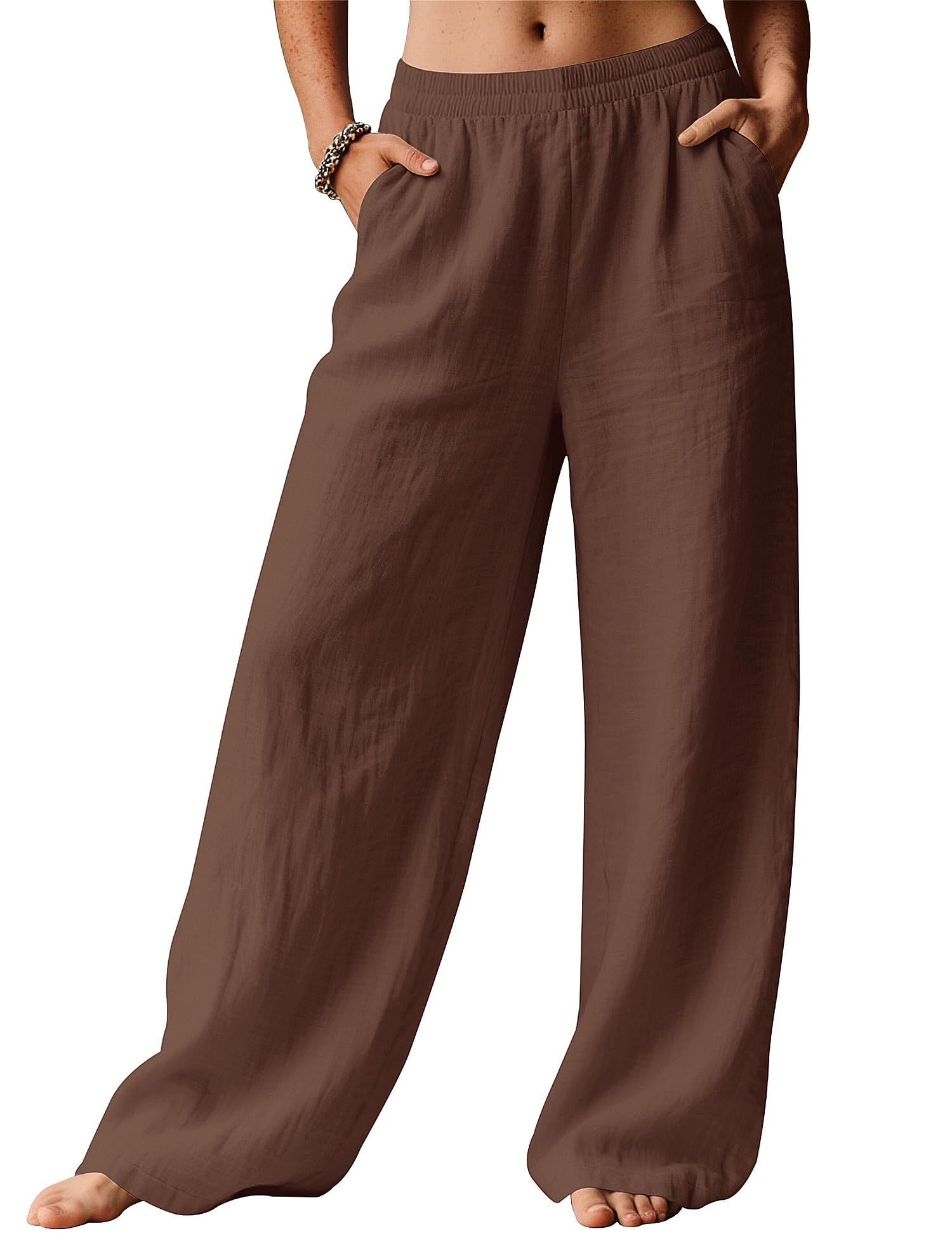 LOMON Linen Pants Women Wide Leg Palazzo Summer Flowy Pants Beach Vacation Clothes Elastic Waist Travel Trousers with Pockets