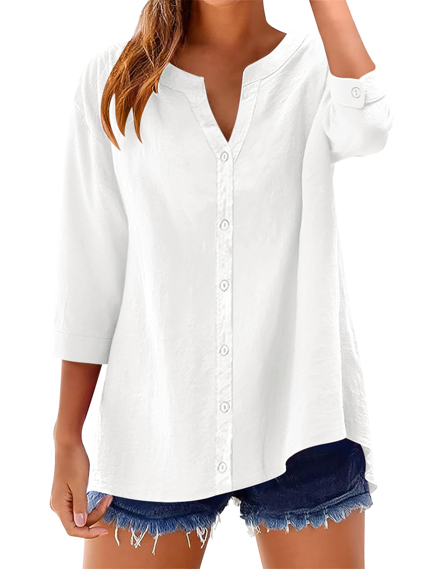 LOMON Womens 3/4 Sleeve Button Down Shirts Cotton Linen Roll Up Short Sleeve Tops V Neck Casual Loose Fit Blouses