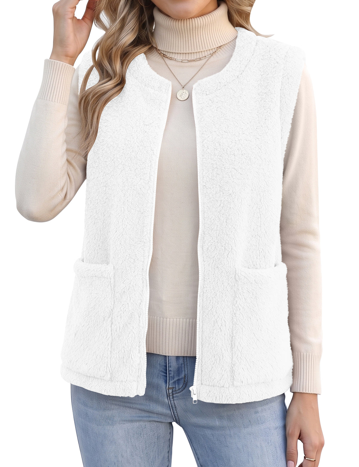 LOMON Womens Fuzzy Fleece Vest Warm Sleeveless Zip-Up Sherpa Jacket