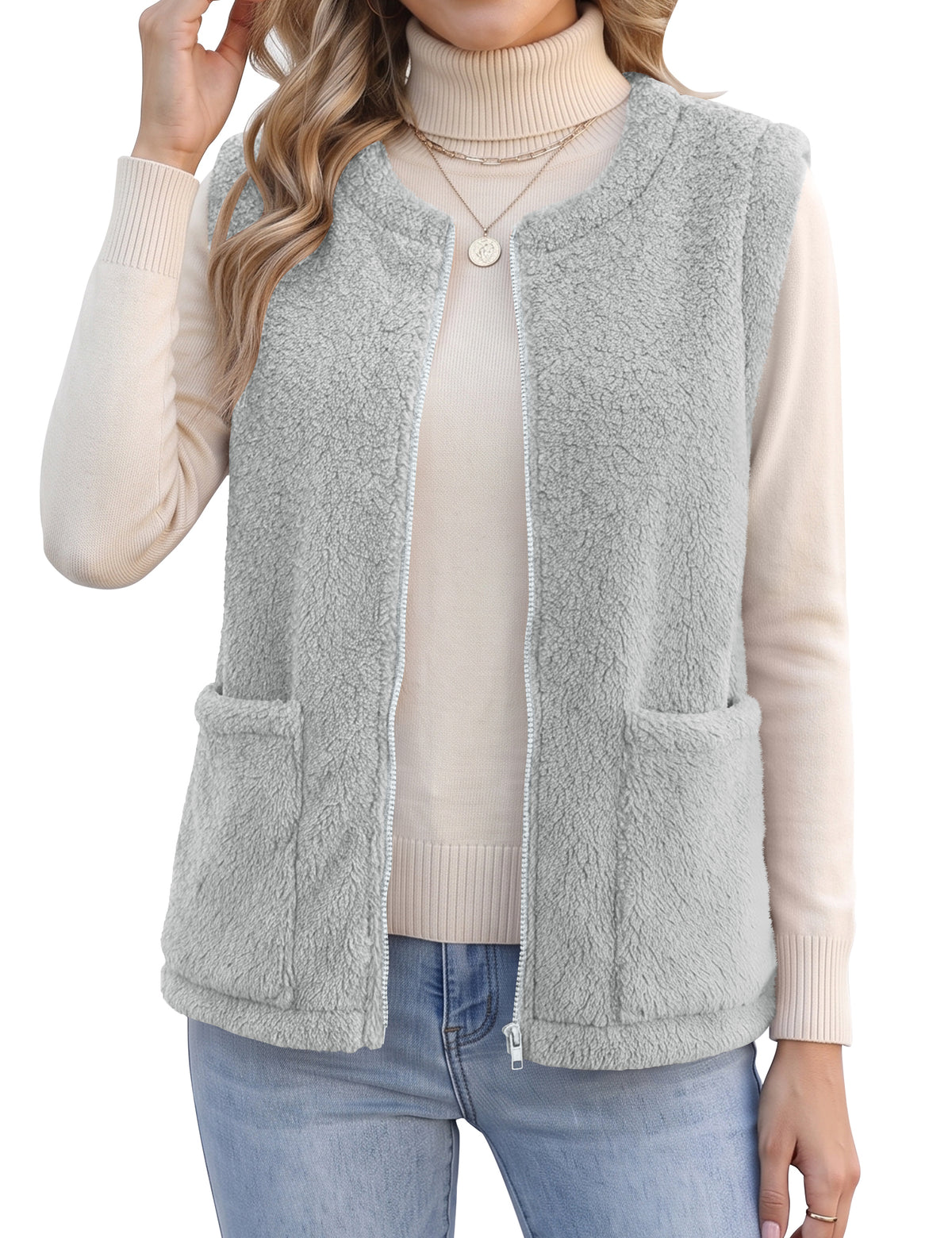 LOMON Womens Fuzzy Fleece Vest Warm Sleeveless Zip-Up Sherpa Jacket