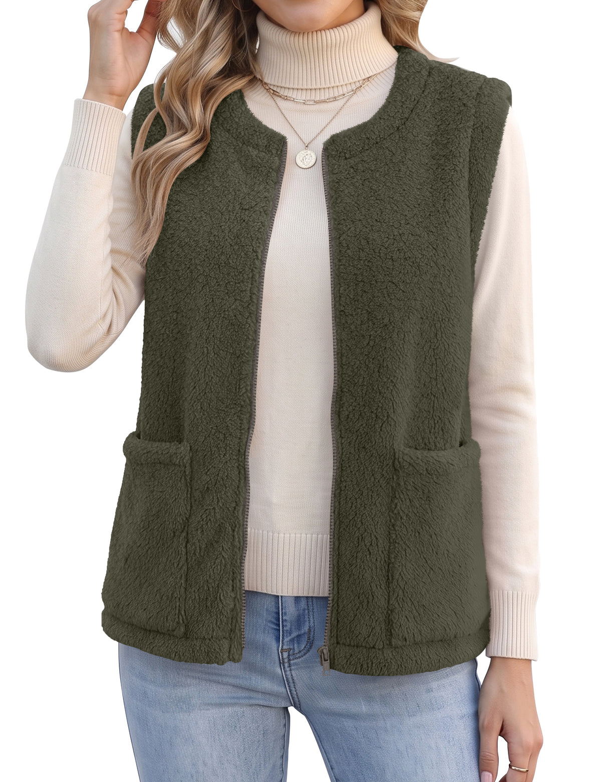LOMON Womens Fuzzy Fleece Vest Warm Sleeveless Zip-Up Sherpa Jacket