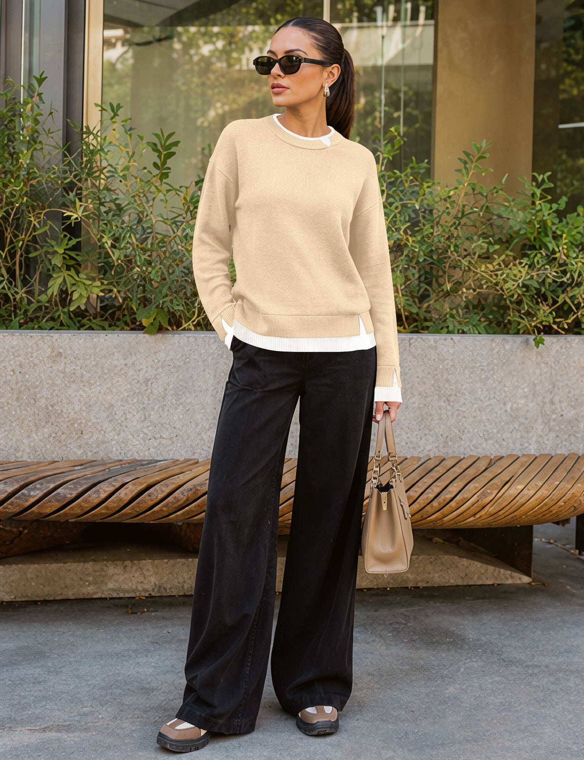 LOMON Womens Sweaters Cozy Long Sleeve Pullover Tops Faux Layered Sweaters