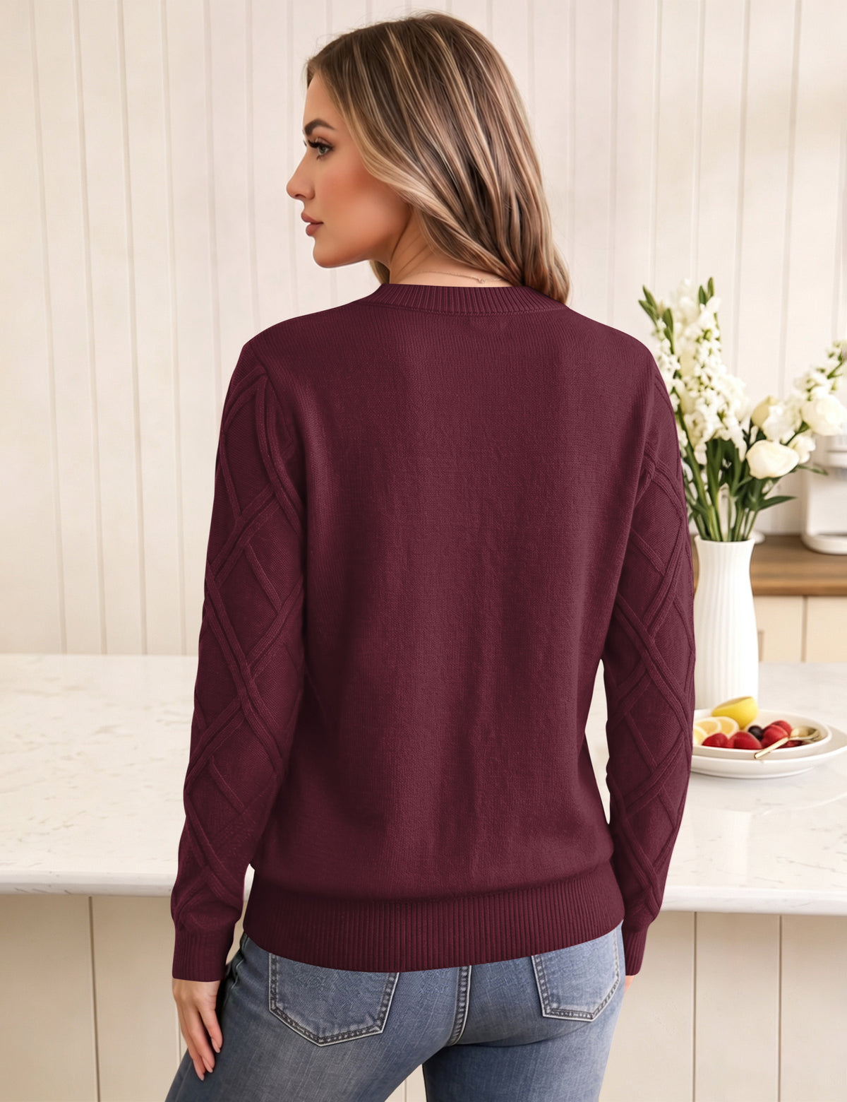 LOMON Women's Cable Knit Sweater Long Sleeve Crew Neck Fall Tops